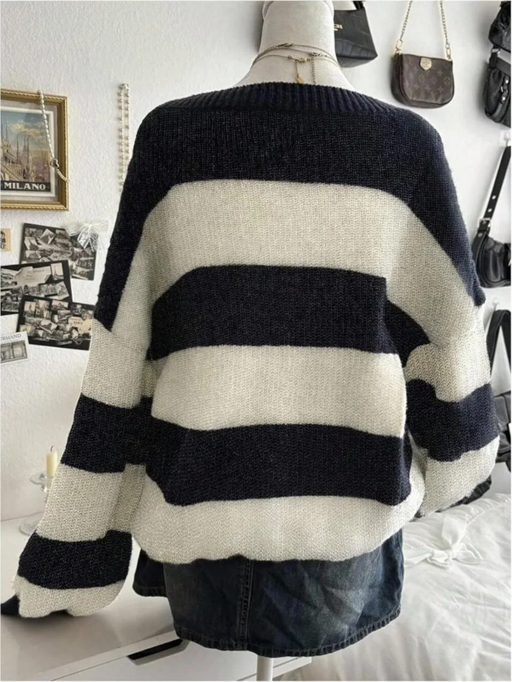 Oversized Striped Knit Sweater - Long Sleeve V-Neck, Embroidered Pullover Top